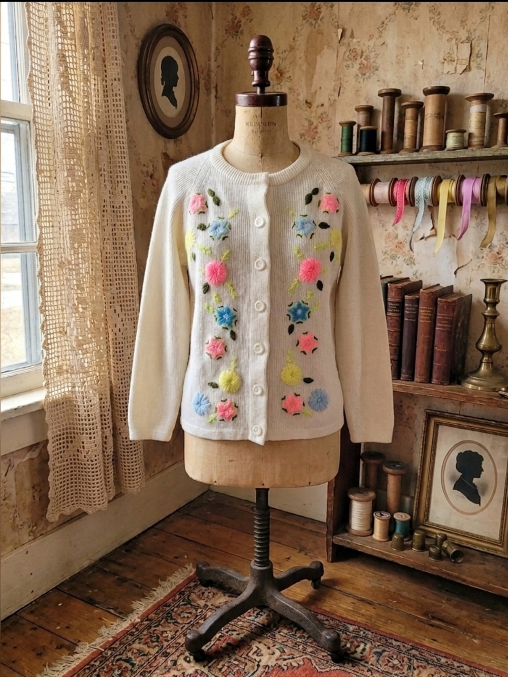 Vintage 1960s Chantilly Lace Floral Cardigan Sweater | Embroidered | No Size Tag